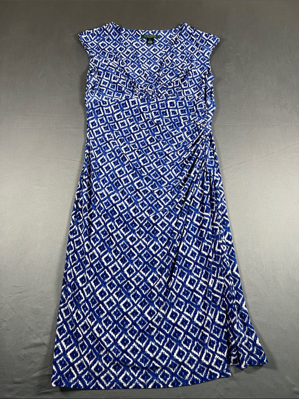 Lauren Ralph Lauren Blue and White Diamond-Print Cap Sleeve Dress